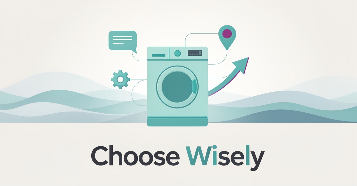 Flat illustration of a dishwasher surrounded by connected digital icons like chat bubbles and growth arrows, with the headline Choose Wisely.