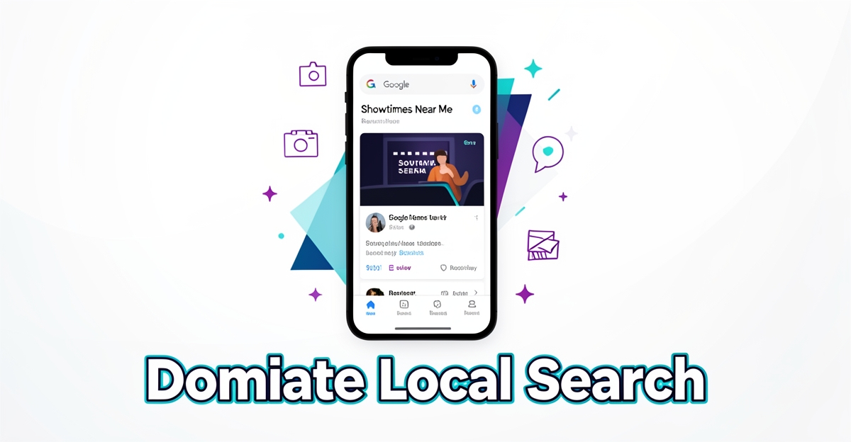 Flat illustration of a smartphone showing a cinema in Google 'Showtimes Near Me' search results, optimized with brand colors and minimalist design for local SEO.