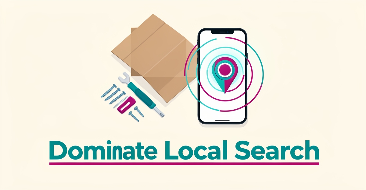 Flat illustration of flat-pack furniture parts beside a smartphone with a glowing local search map pin, accented in teal and magenta with the headline Dominate Local Search.