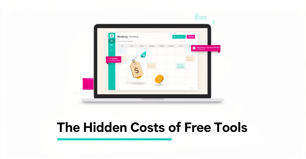 Flat illustration of a laptop with a booking calendar and hidden price tag, accented in teal and magenta.