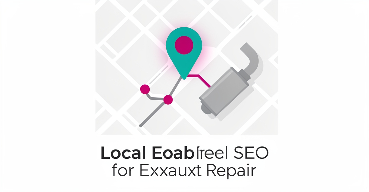Flat illustration of a map pin and exhaust pipe showing local SEO for exhaust repair near me searches.