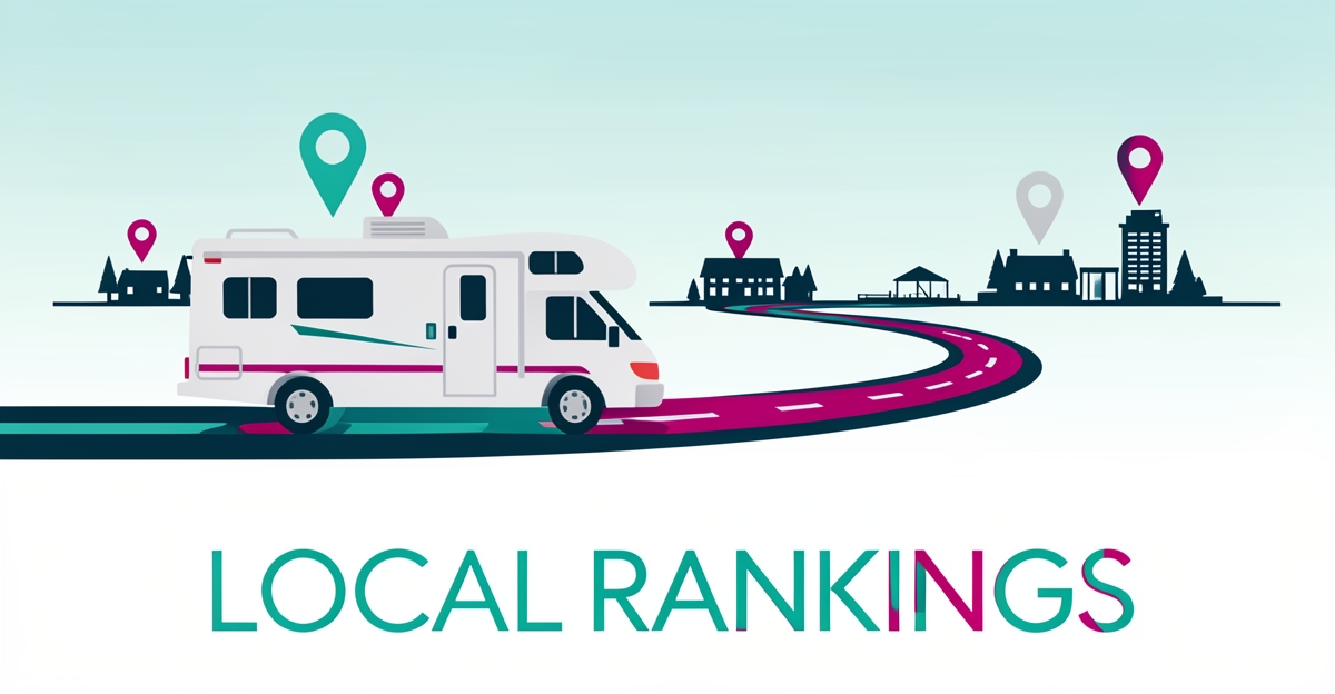 Flat illustration of an RV on a road linking nearby towns with map pins, symbolizing local content strategies for RV service center rankings.