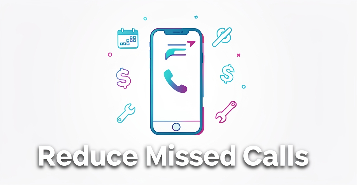 A minimalist flat illustration showing a smartphone with call notifications and icons for booking and revenue, accented with brand colors, promoting AI voice receptionist benefits for bike shops.