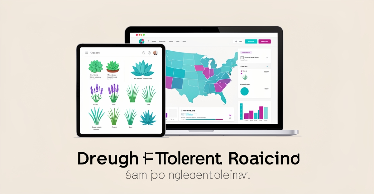 Flat illustration of a website displaying drought-tolerant plants by climate zone to generate landscaping leads.