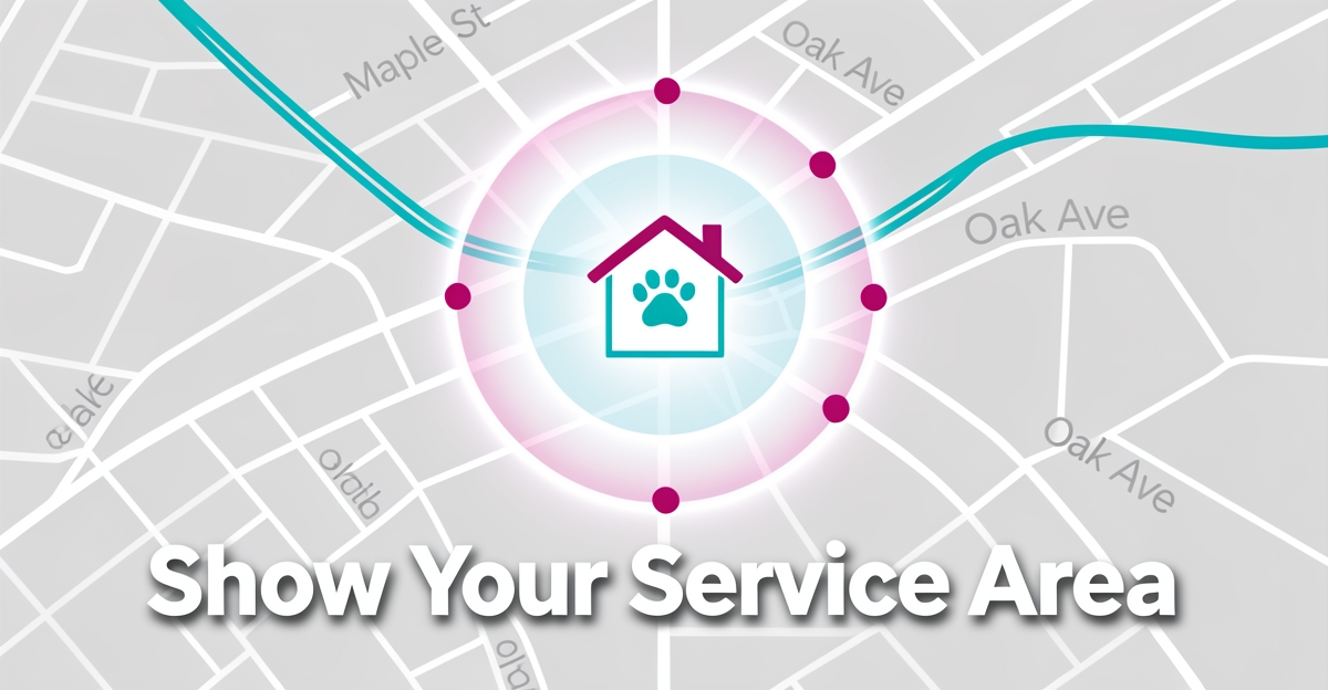 Flat illustration of a dog daycare service area map with interactive radius highlighting coverage zones, using brand colors blue and magenta for visual emphasis