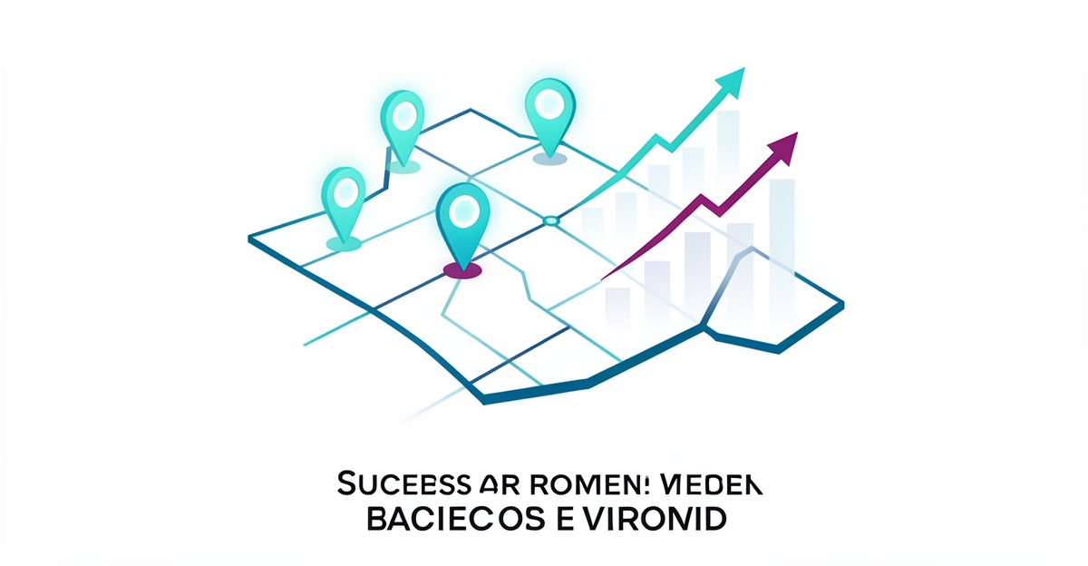 Modern flat illustration of a service area map with success rate charts, using brand colors, designed for a pain relief clinic website to boost mobile conversions