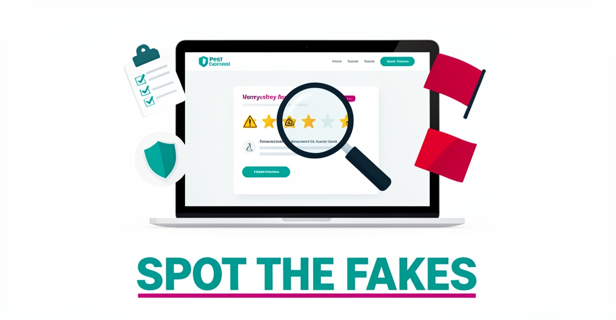 Flat illustration of a magnifying glass inspecting suspicious five-star reviews on a pest control website, symbolizing fake review detection.