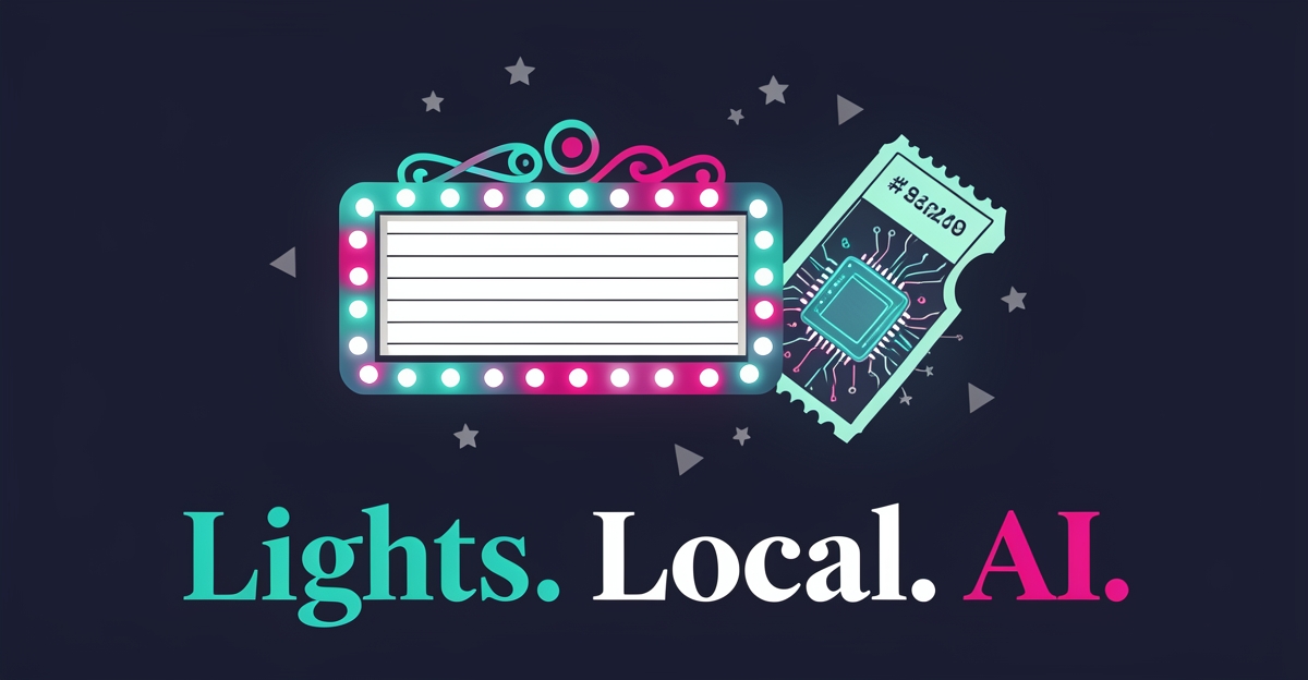 Flat illustration of a theater marquee, ticket stub, and AI chip in teal and magenta with a magazine-style headline accent.