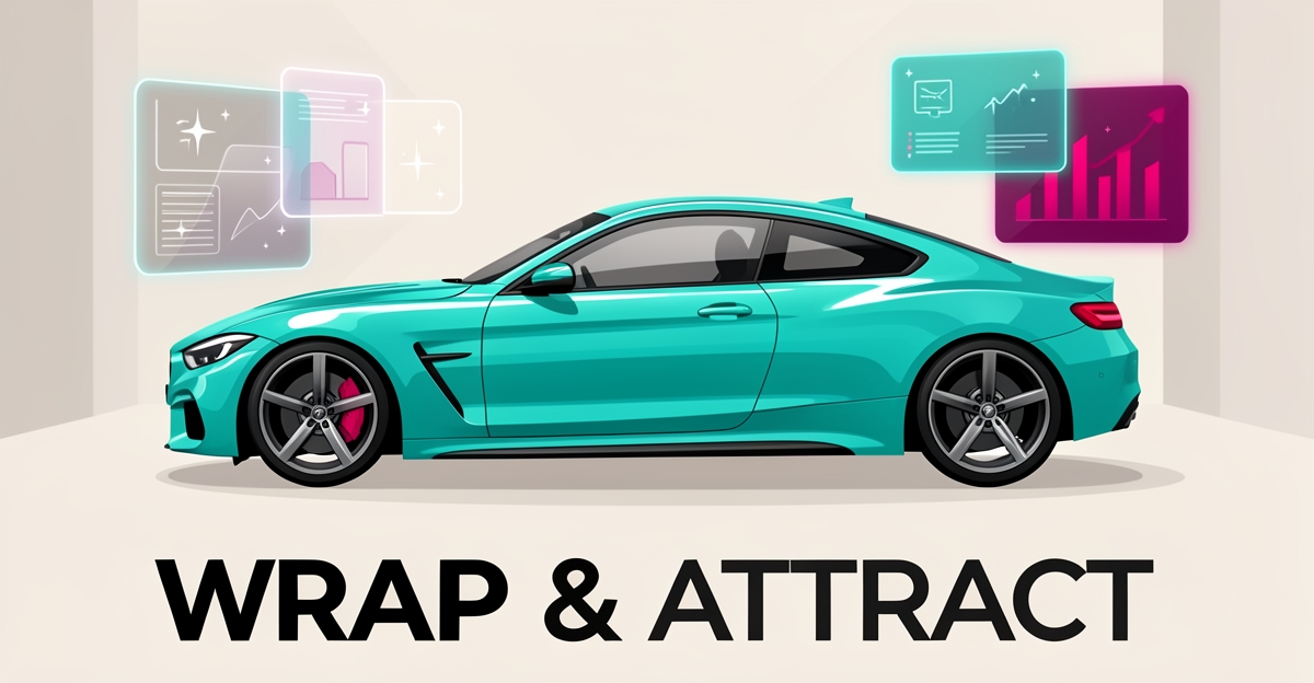 Flat illustration of a teal-wrapped car in a studio with glowing AI dashboard panels in magenta accents, headline Wrap & Attract.