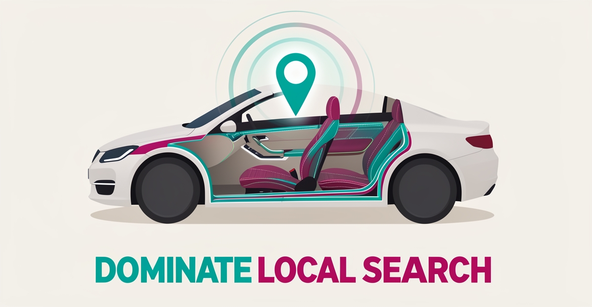 Flat illustration of a custom car interior with a glowing map pin and search signals, headline reading Dominate Local Search.