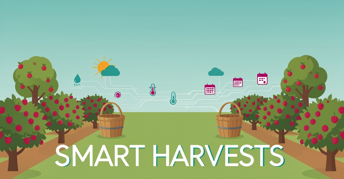 Flat illustration of a U-Pick farm with berry rows, baskets, and weather data icons, headlined Smart Harvests.