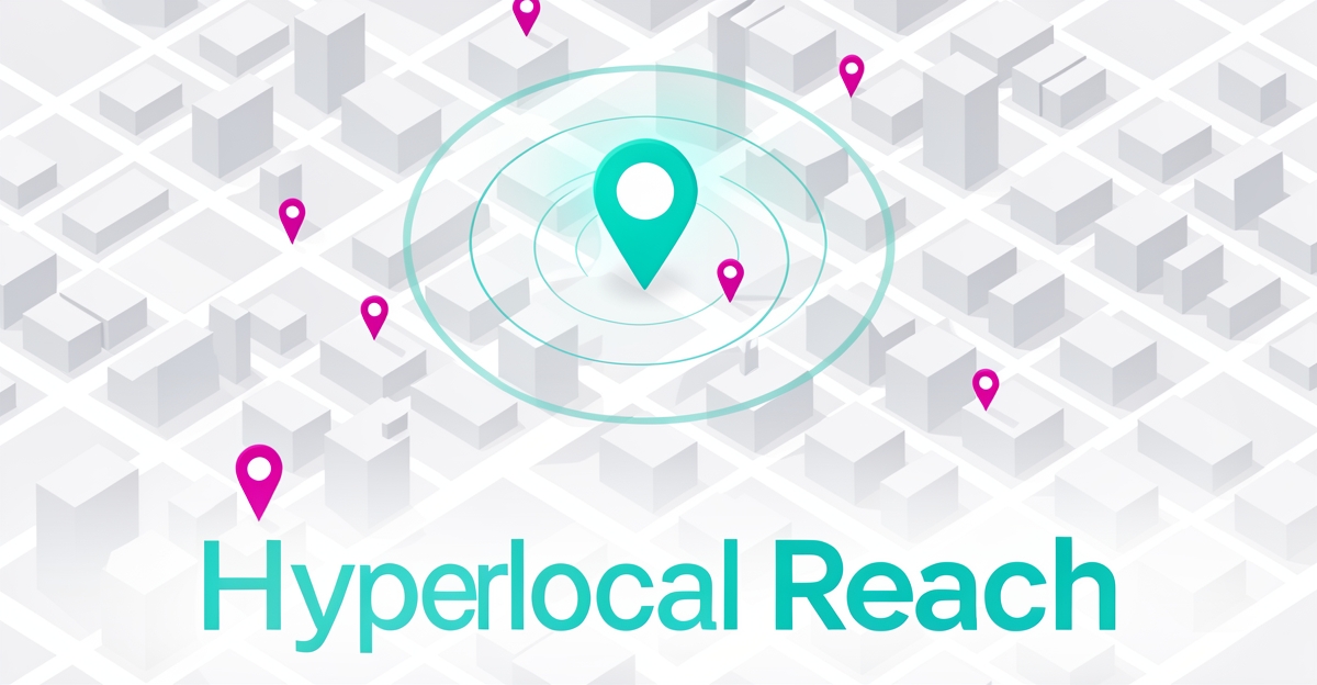 Flat illustration of a dense city map with a teal location pin and magenta markers, headline reading Hyperlocal Reach.