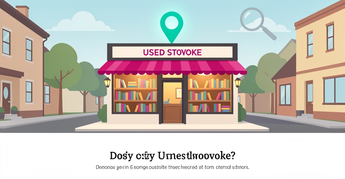 Flat illustration of a neighborhood used bookstore with a glowing map pin, symbolizing local SEO driving foot traffic.