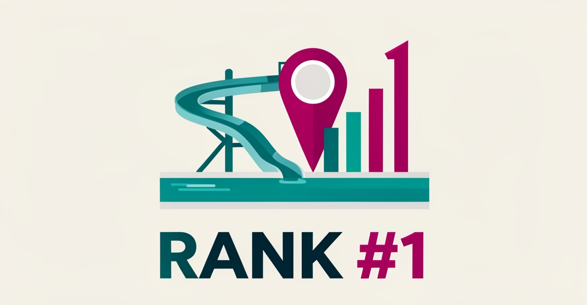 Flat illustration of a water park with a location pin and rising search ranking chart in teal and magenta, headlined Rank #1.