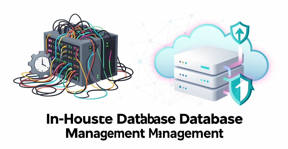A minimalist flat illustration comparing chaotic in-house database management to streamlined outsourced cloud solution with AI accents, highlighting cost savings for small businesses.