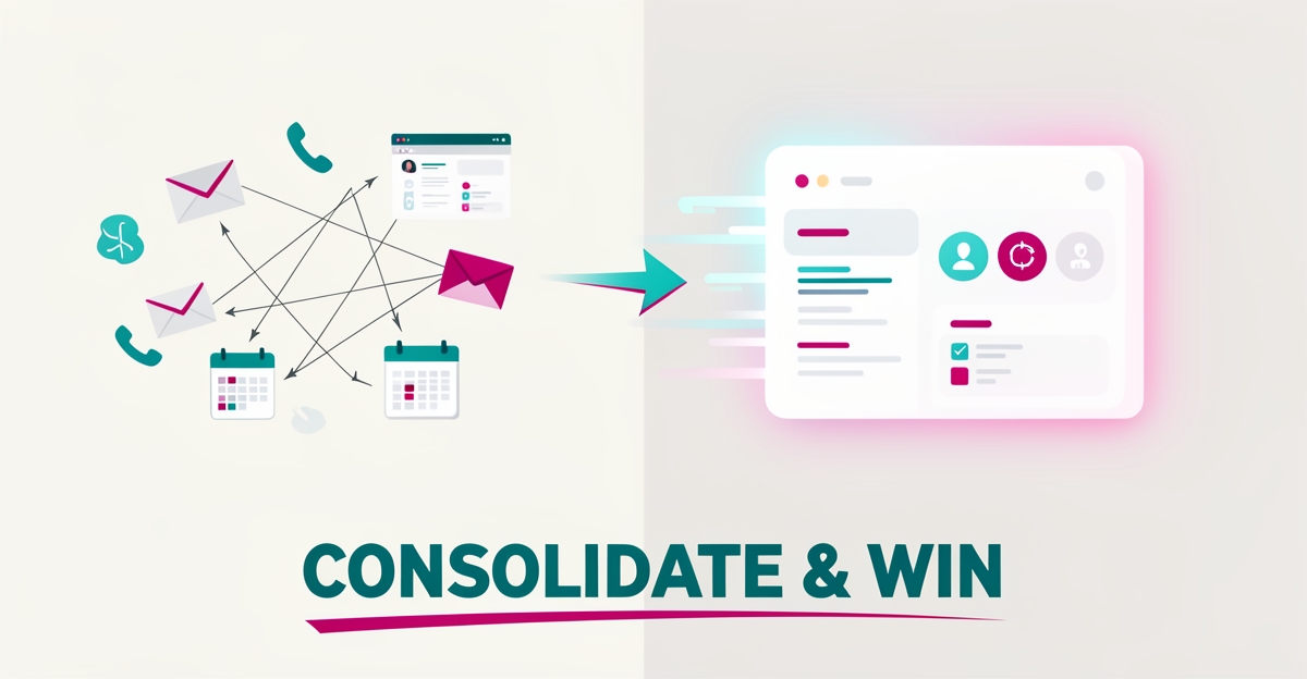Flat illustration showing scattered digital tools merging into one unified dashboard, symbolizing consolidated lead management for moving companies.