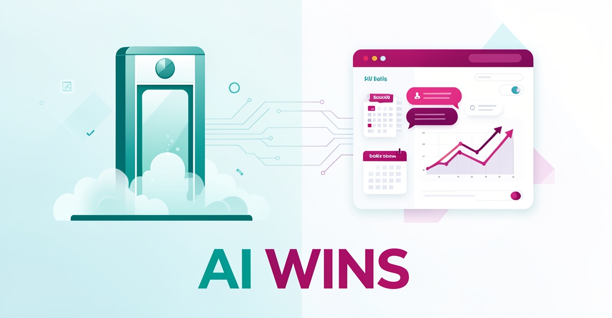 Flat illustration comparing a cryotherapy chamber with an AI-powered website dashboard, accented in teal and magenta with the headline AI WINS.