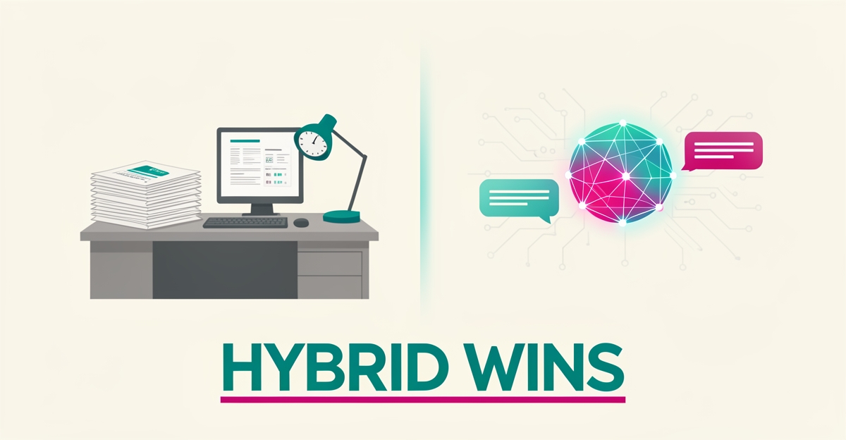 Flat illustration contrasting traditional helpdesk tickets with AI support network elements merging into a hybrid model, headlined Hybrid Wins.