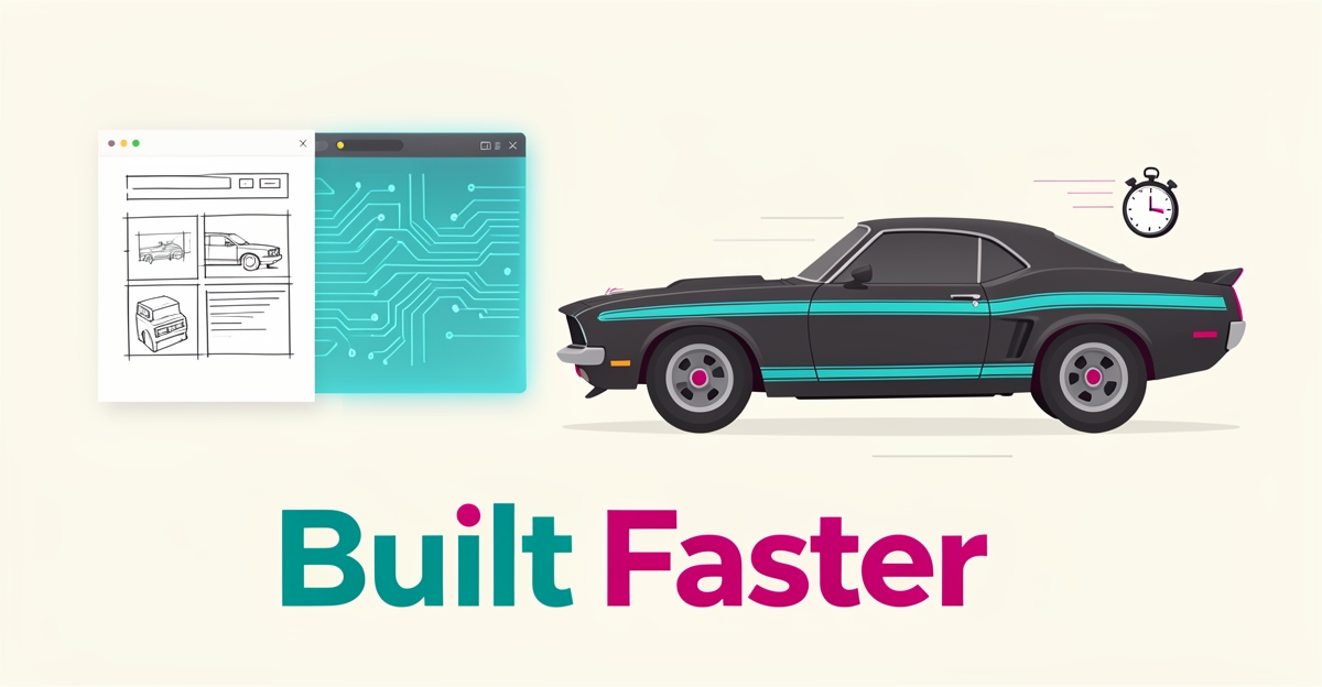 Flat illustration of a classic muscle car beside contrasting hand-drawn and AI-generated website concepts, headline reading Built Faster.