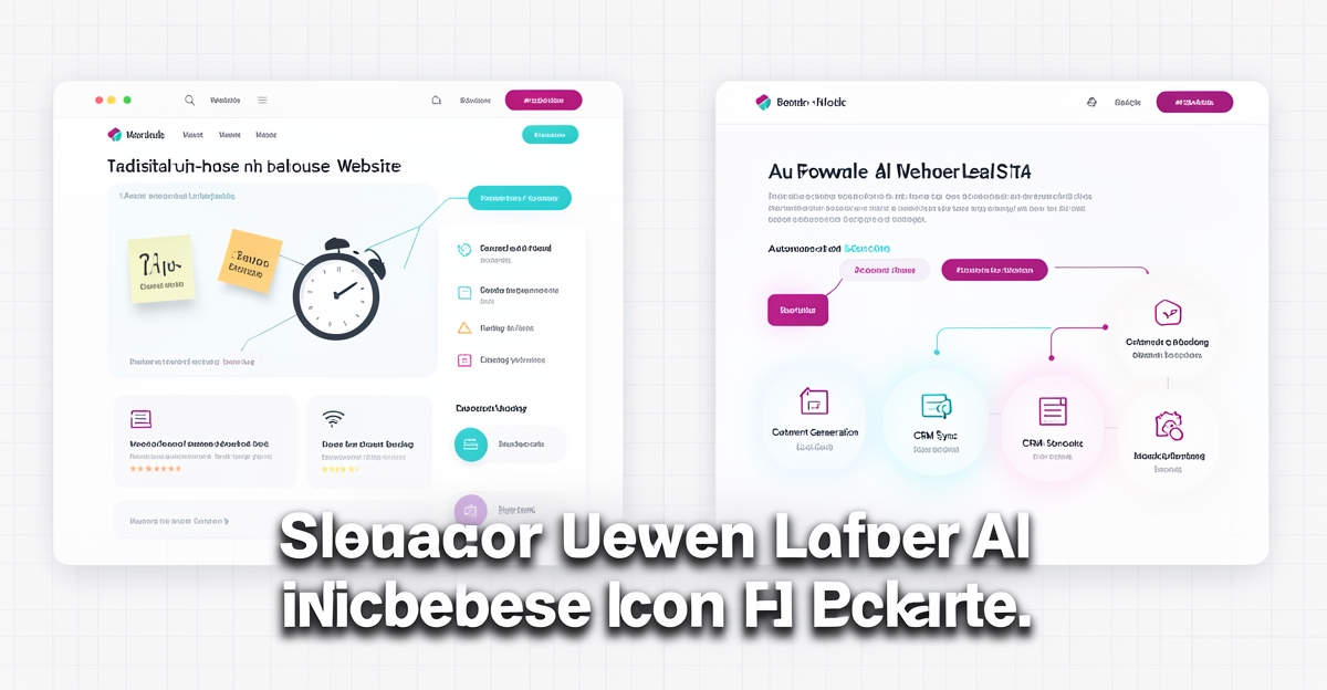 Split illustration comparing traditional in-house website vs AI-powered website for court reporting firms, highlighting automation benefits with brand color accents.