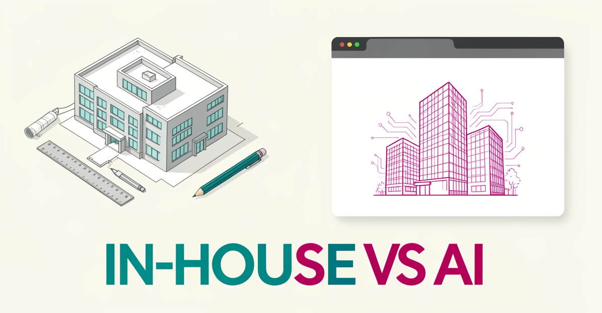 Flat illustration comparing a hand-drawn hospital blueprint with an AI-generated website design in teal and magenta accents.