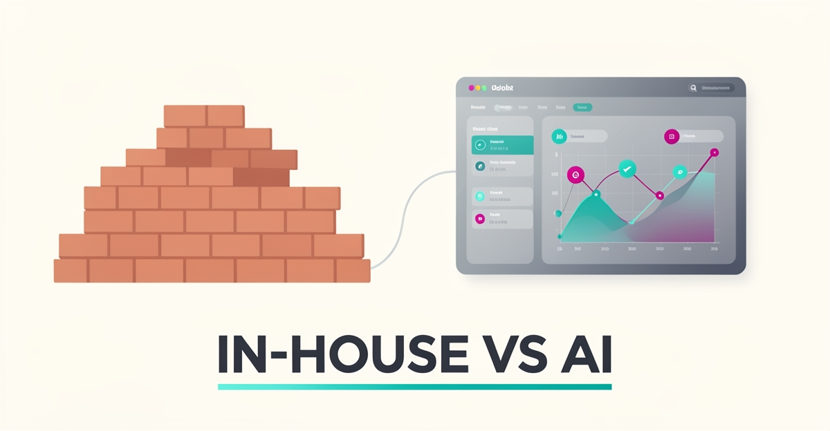 Flat illustration comparing stacked bricks with a digital AI dashboard, illustrating in-house versus AI website management for small brick companies.