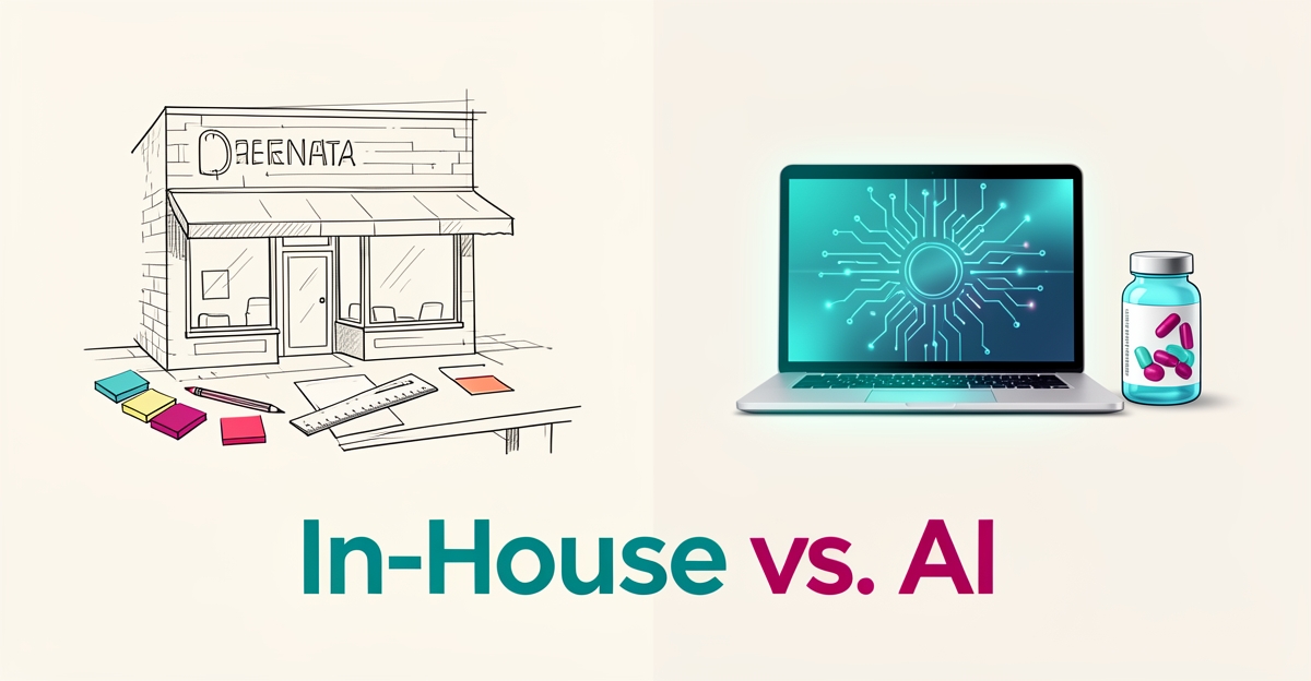 Flat illustration comparing a hand-sketched storefront plan with an AI-powered laptop and vitamin bottle, accented in teal and magenta.