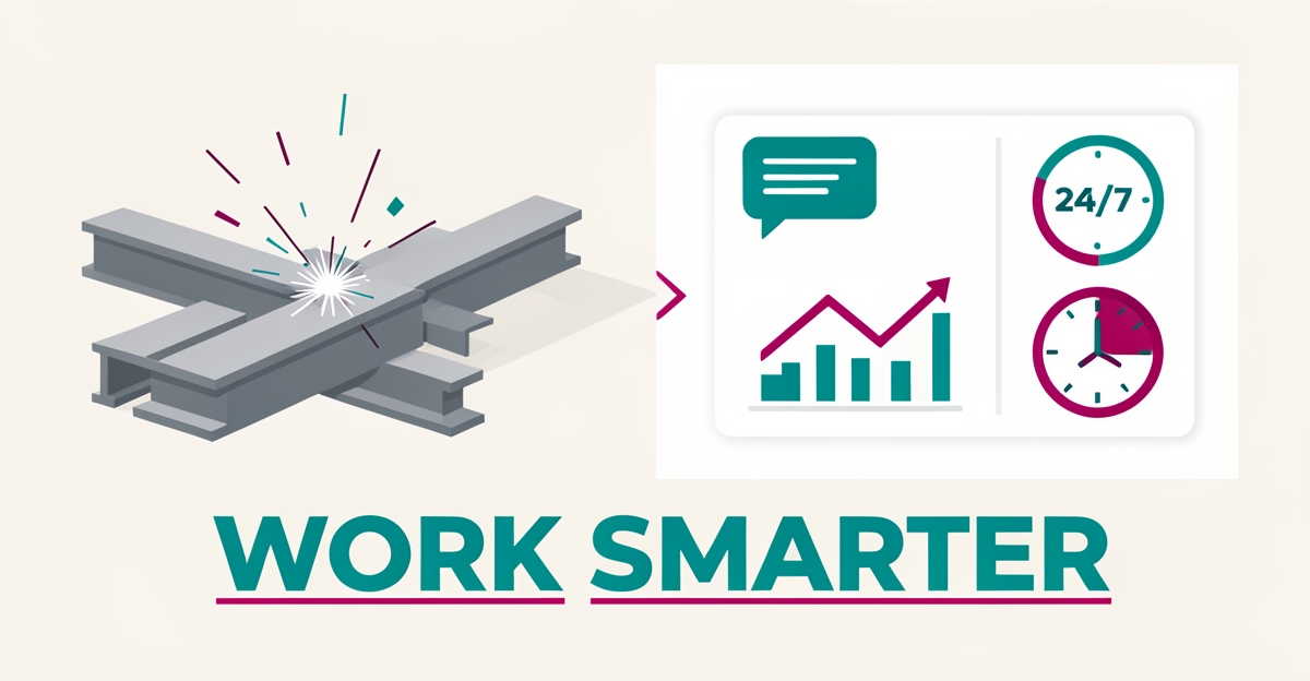 Flat illustration comparing steel fabrication and an AI website dashboard with the headline Work Smarter in teal and magenta accents.