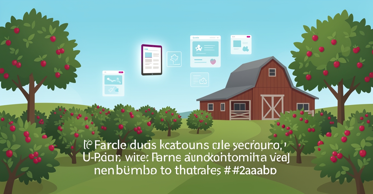 Flat illustration of a U-pick farm with berry rows and a barn overlaid with digital website icons, accented in teal and magenta.
