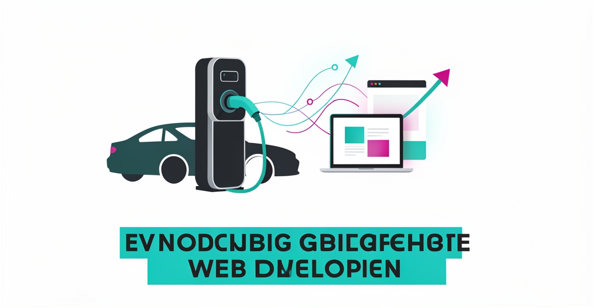 Flat illustration of an EV charging station connected to a laptop with data lines, symbolizing web development for EV charging networks.