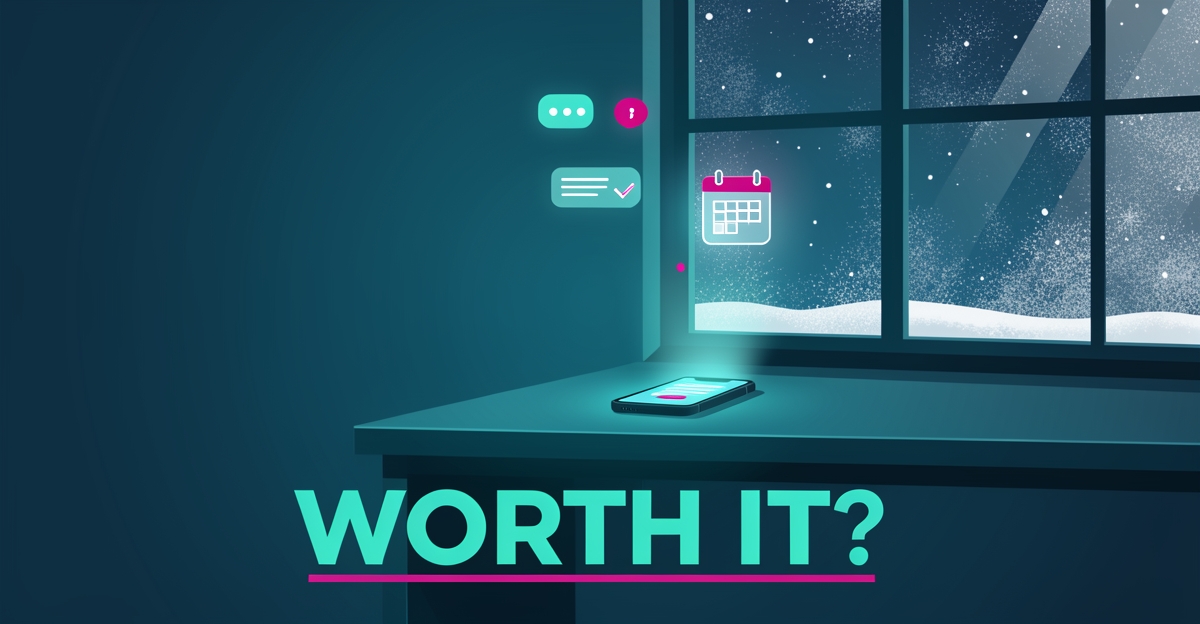 Flat illustration of a glowing smartphone booking jobs at night beside a snowy window, symbolizing a 24/7 AI assistant during winter.