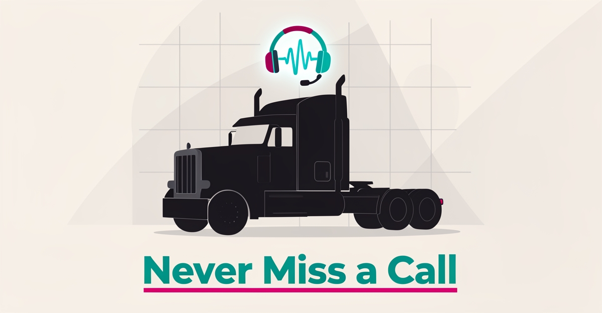 Flat illustration of a semi truck in a repair garage with AI voice soundwave icons, headline reading Never Miss a Call.
