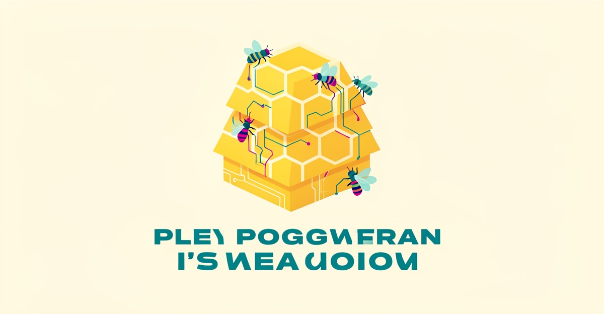 Flat illustration of a beehive with digital circuit accents in teal and magenta, symbolizing AI-powered beekeeping support.