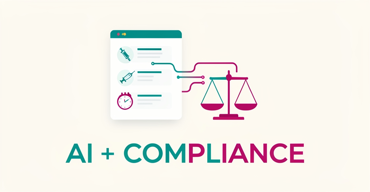 Flat illustration of a chatbot interface connected to a balance scale with teal and magenta accents, symbolizing AI efficiency versus compliance in medical clinics.