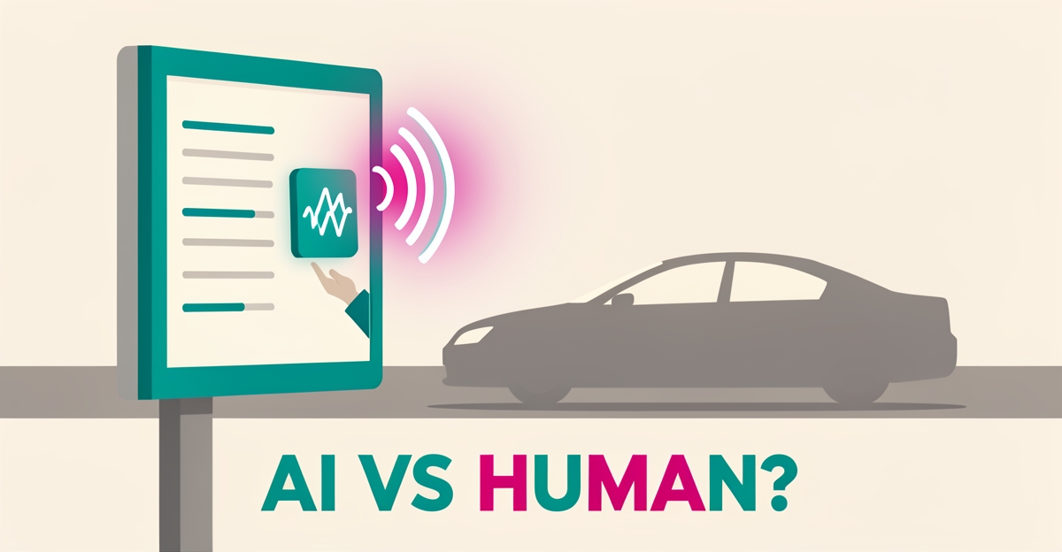 Flat illustration of a drive-thru speaker with an AI soundwave and human backup icon, headlined AI vs Human.
