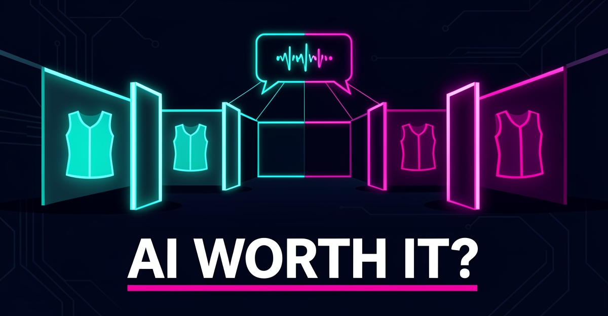 Flat illustration of a neon laser tag arena with AI chat and voice icons, accented in teal and magenta, with headline AI Worth It?