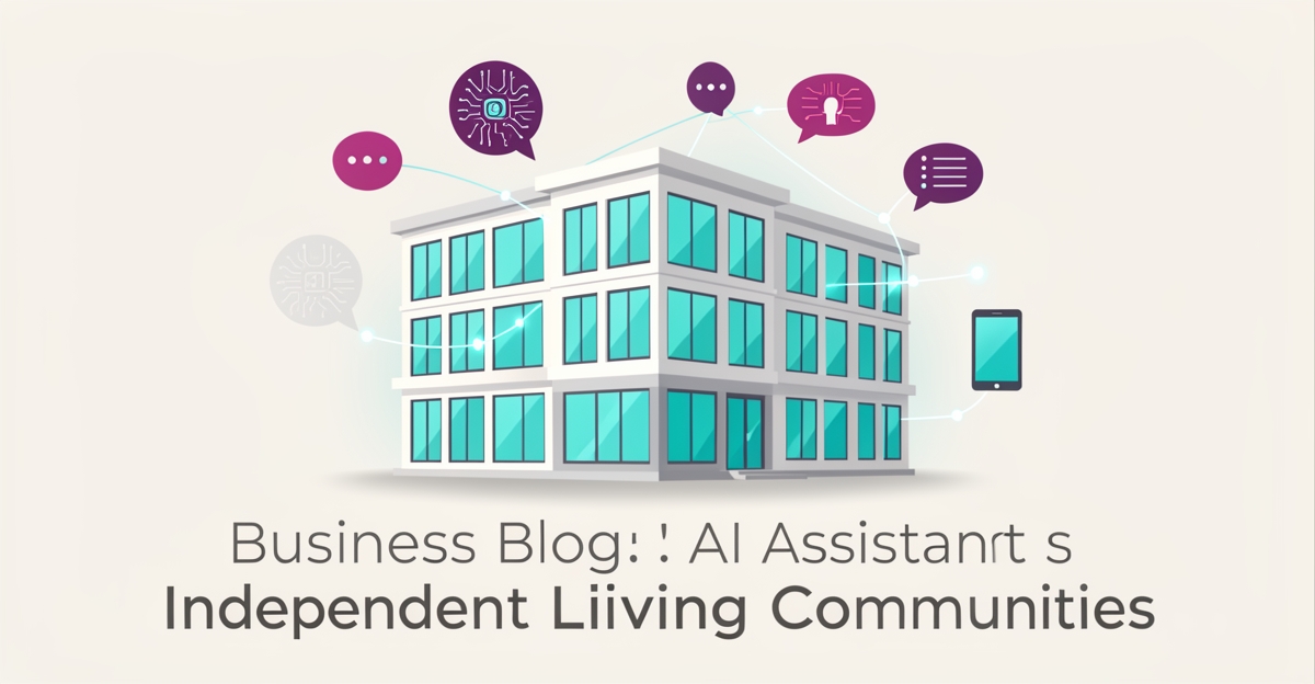 Flat illustration of a modern independent living community building with digital AI icons and brand‑color accents.