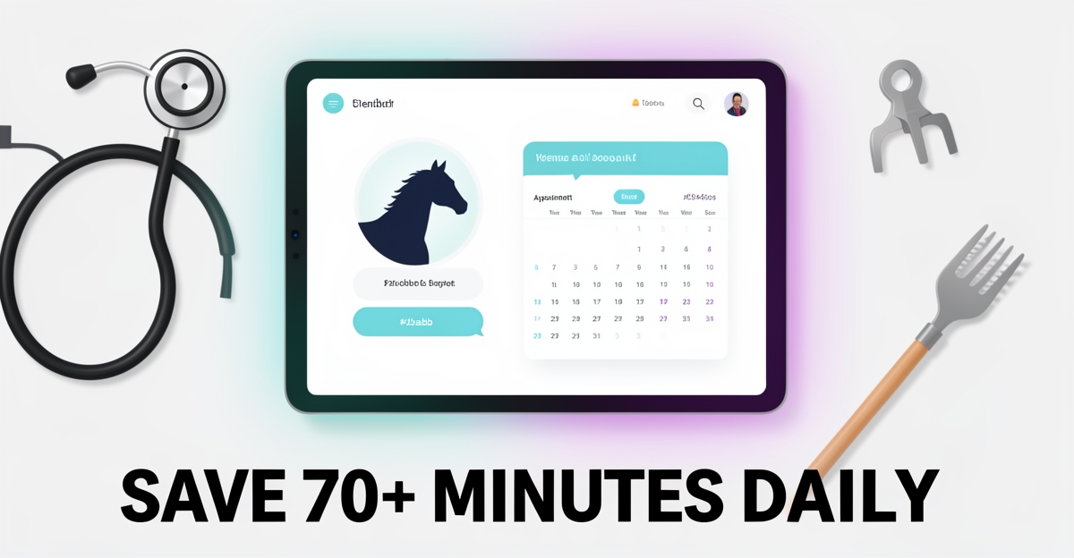 A modern flat illustration of an AI chatbot on a tablet with horse-related icons, using brand colors, designed for a veterinary clinic blog about AI efficiency.