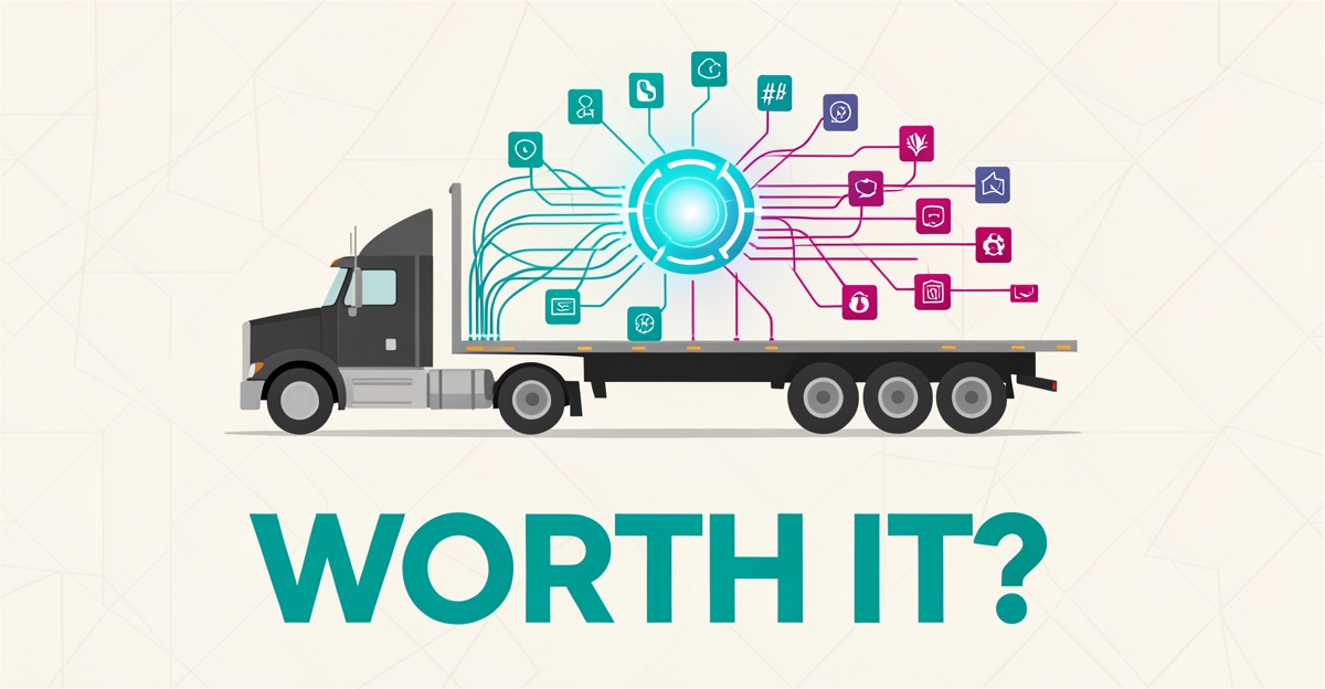 Flat illustration of a flatbed truck hauling a glowing digital hub that consolidates scattered data streams, in teal and magenta brand colors.