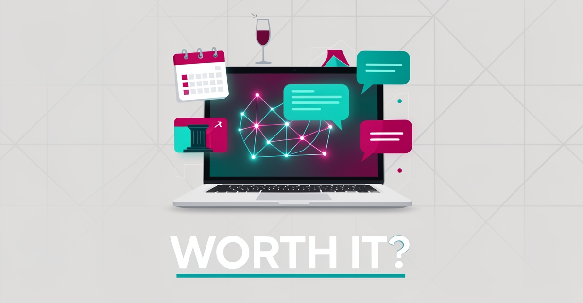 Flat illustration of a laptop with AI chat interface and event planning icons in teal and magenta, asking whether AI websites are worth it.