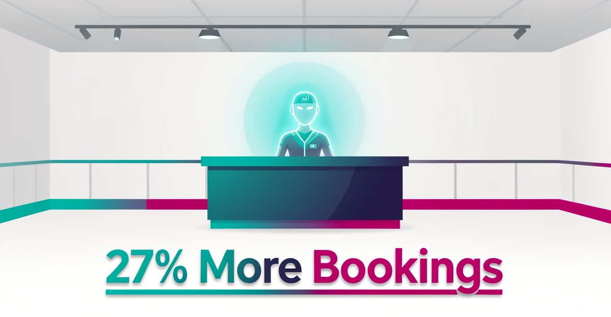 Flat illustration of a roller skating rink with an AI receptionist hologram at the front desk, highlighting increased booking efficiency.
