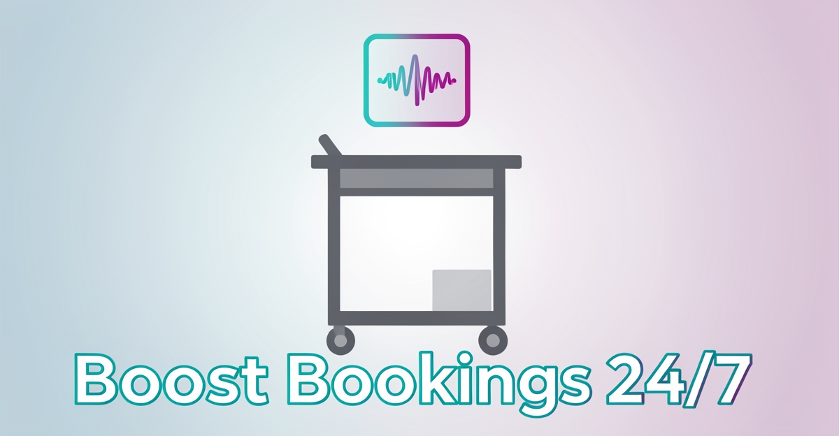 A minimalist flat illustration of a mobile bar cart with a floating AI voice assistant waveform in brand colors, accompanied by the headline 'Boost Bookings 24/7' in the lower third.
