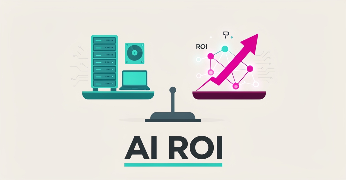 Flat illustration of IT assets balanced against automation nodes and a rising ROI arrow, with 'AI ROI' headline, representing cost-benefit analysis of AI websites for ITAD businesses.