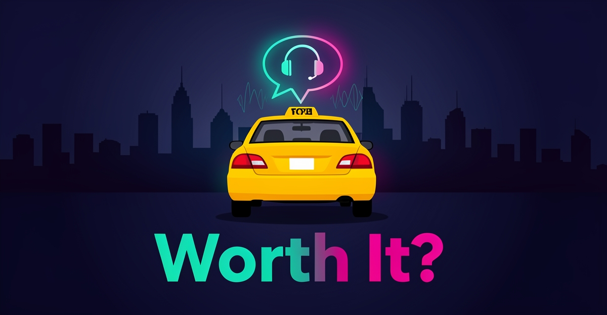 Flat illustration of a taxi at night with glowing AI speech bubble icons, symbolizing automated receptionist support for taxi businesses.