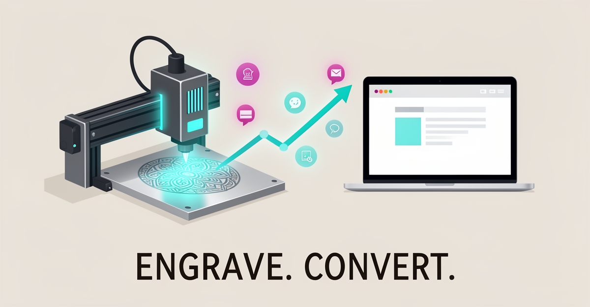 Flat illustration of a laser engraver etching a plaque beside a laptop showing a website, with teal and magenta accents symbolizing real-time lead conversion.