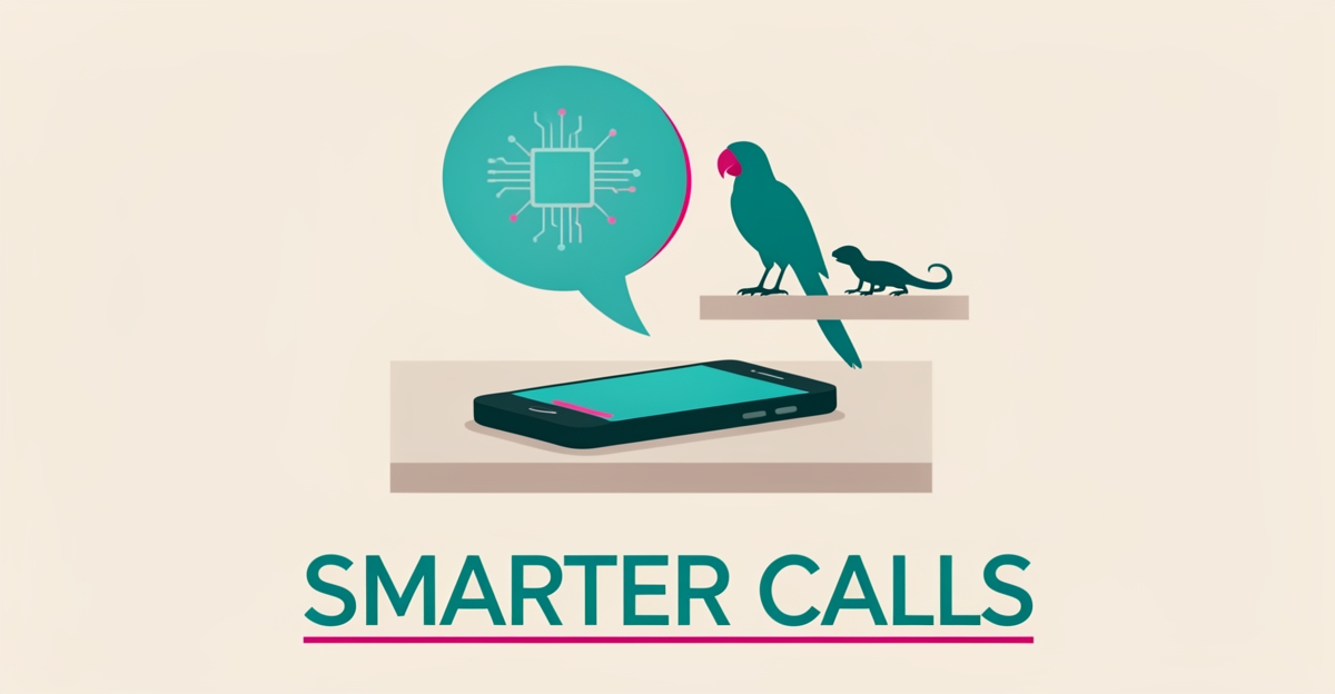 Flat illustration of a smartphone with AI speech bubbles beside exotic animal silhouettes, accented in teal and magenta with the headline Smarter Calls.