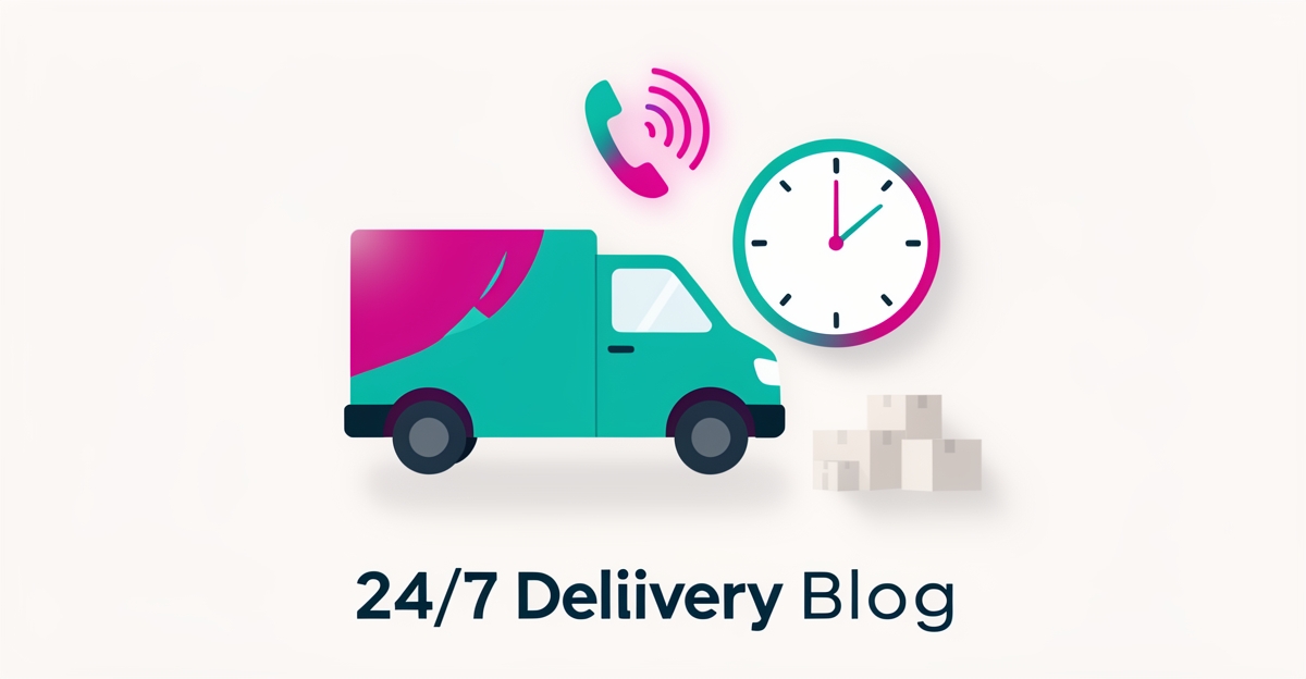 Flat illustration of a delivery van and phone waves symbolizing 24/7 AI voice automation for delivery businesses.