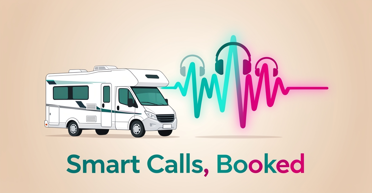 Flat illustration of an RV beside a glowing AI voice waveform in teal and magenta, symbolizing automated call handling for RV rental businesses.