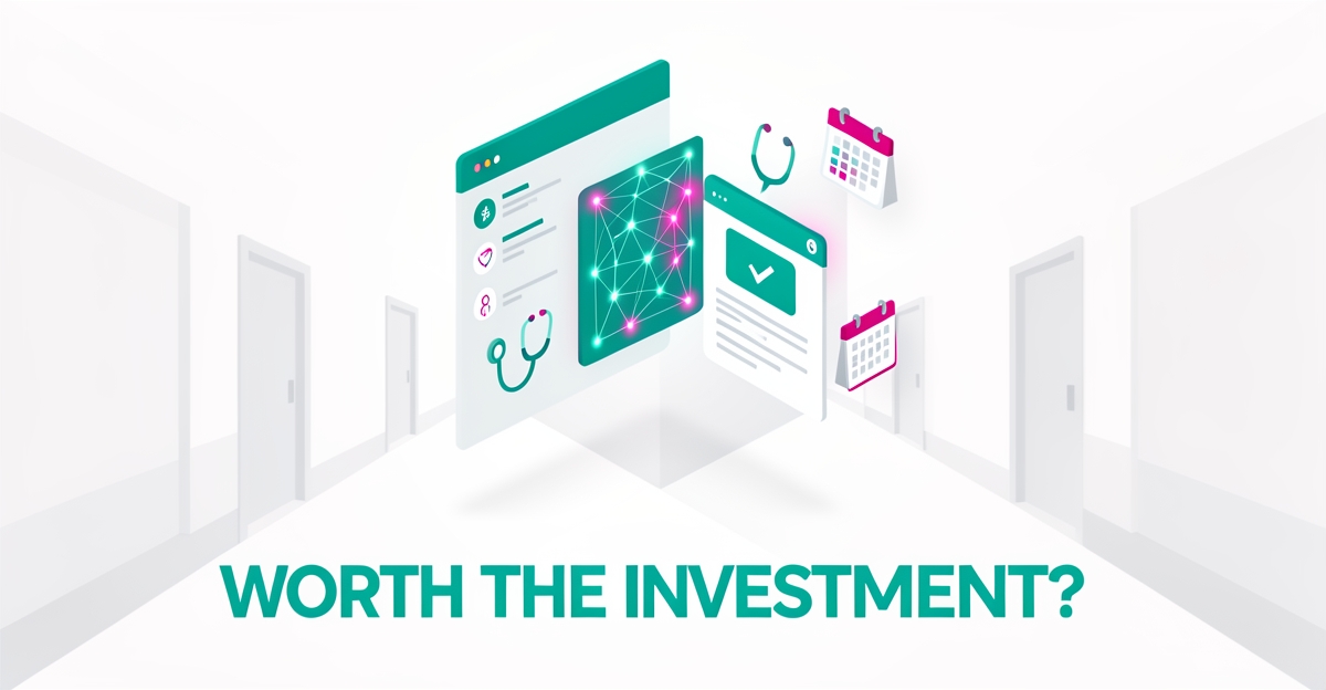 Flat illustration of an AI-driven patient portal dashboard with neural network connections in teal and magenta, symbolizing smart healthcare investment decisions.