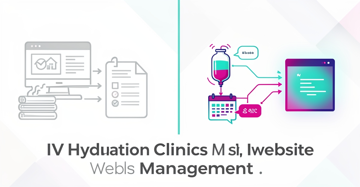 Flat illustration comparing in-house versus AI-driven website platforms for IV hydration clinics with teal and magenta accents.